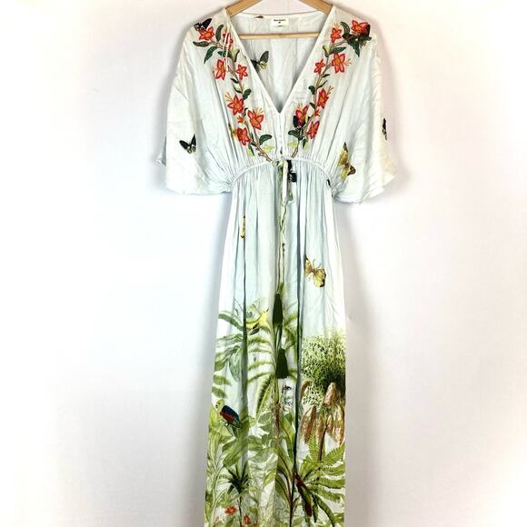 World Market Floral Embroidered Tropical Novelty Bird Butterfly Maxi Dress - Picture 1 of 8
